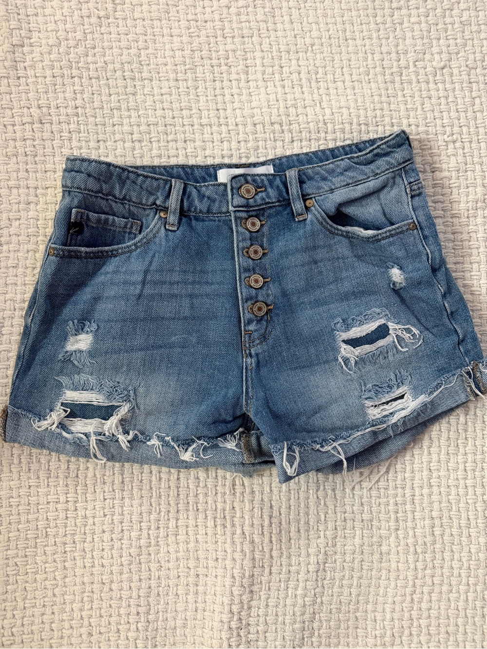 KanCan Light Blue Distressed Button-Fly Denim Shorts